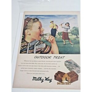 VINTAGE MILKY WAY CANDY BAR OUTDOOR TREAT MEN WOMEN GOLF PRINT Ad 1948